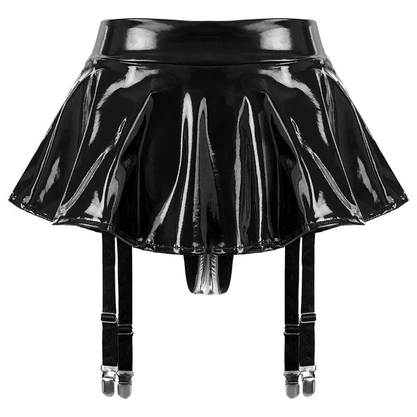 Womens Lingerie Set Patent Leather Crop Top Two-Piece Miniskirt Tank Outfits