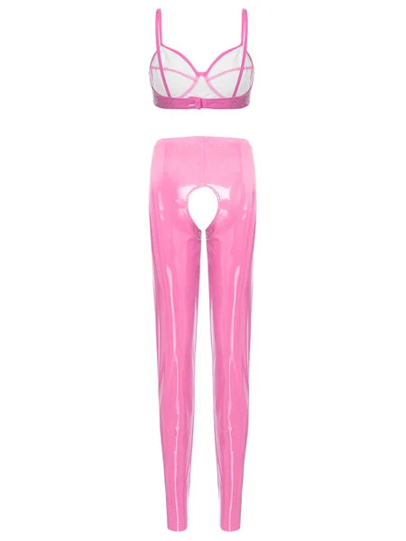 Womens Lingerie Set Crotchless Clubwear Patent Leather Catsuit Wirefree Costume