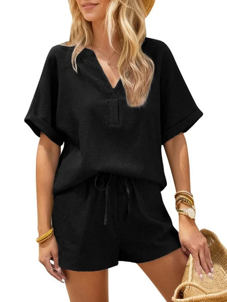 Women's V-Neck Short Sleeve Top and Drawstring Shorts Set NEW