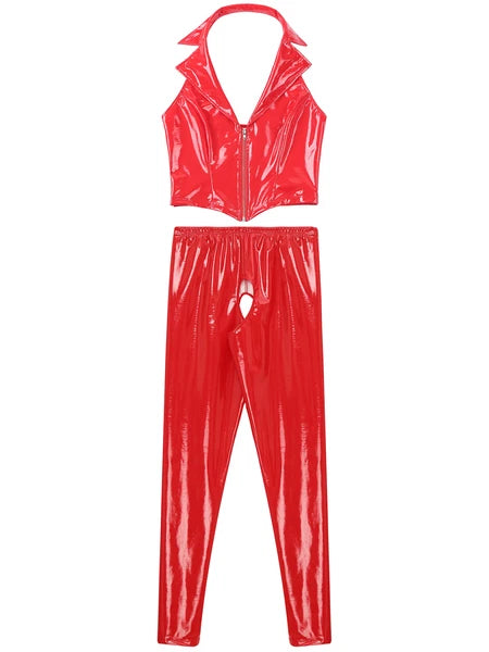 Womens Lingerie Set Crotchless Clubwear Patent Leather Catsuit Wirefree Costume