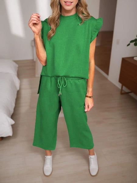 Women Ruffle Sleeve Top and Loose Cropped Pants Set