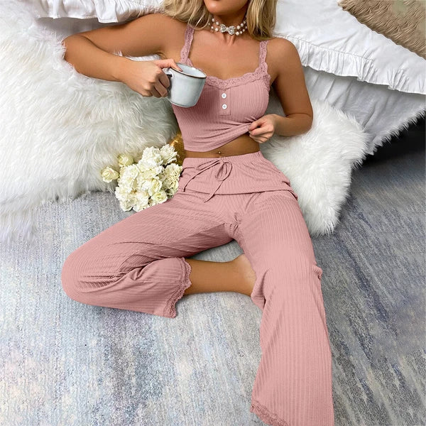 Women Sleepwear Pajamas Camisole Nightwear Leisure Vest Crop Tops Long Pants Set