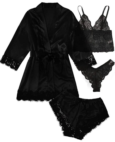 S-3XL Four-Piece Womens Ladies Pajamas Sexy Home Wear Set Lace Sling Underwear