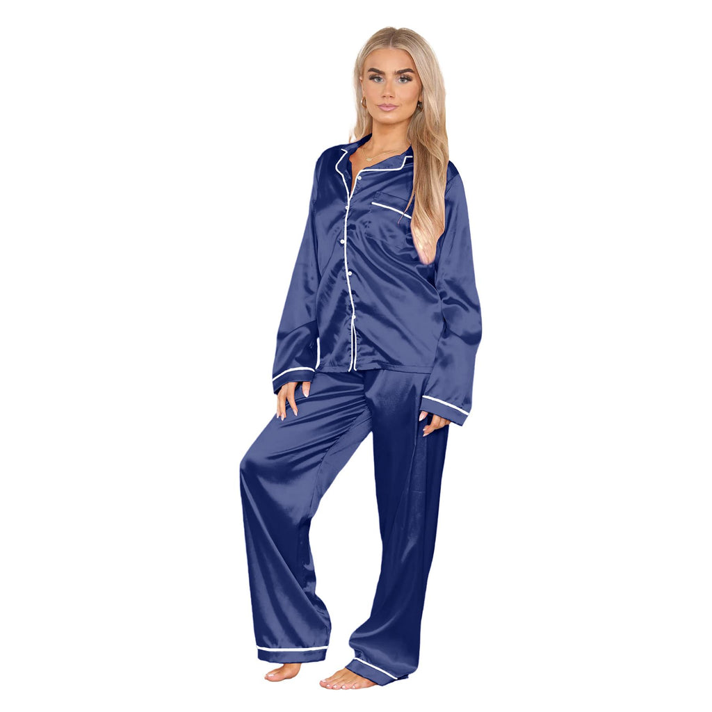 Ladies Satin Long Sleeve Pyjamas Button Shirt Trouser 2 Pcs Pajama Set Nightwear