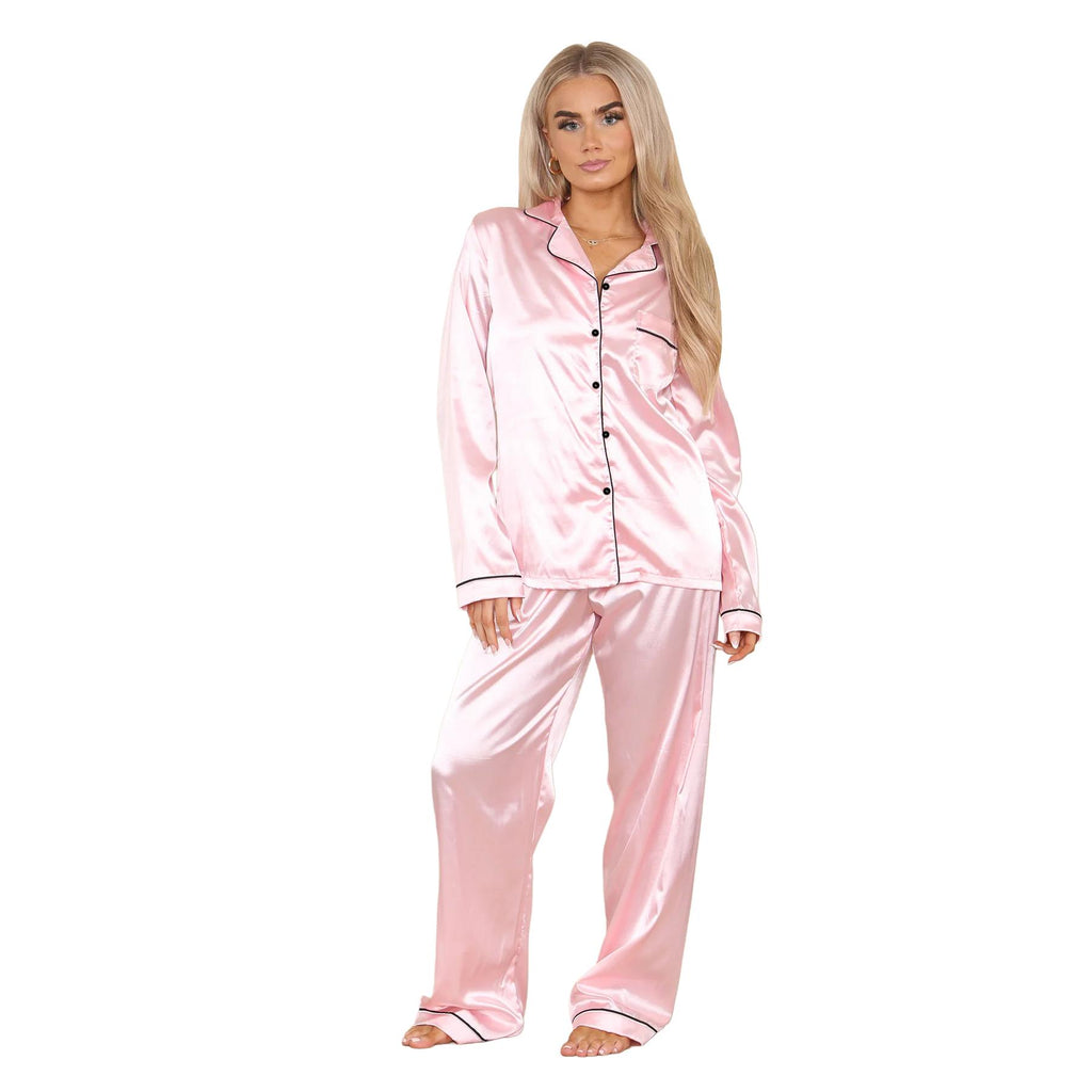 Ladies Satin Long Sleeve Pyjamas Button Shirt Trouser 2 Pcs Pajama Set Nightwear