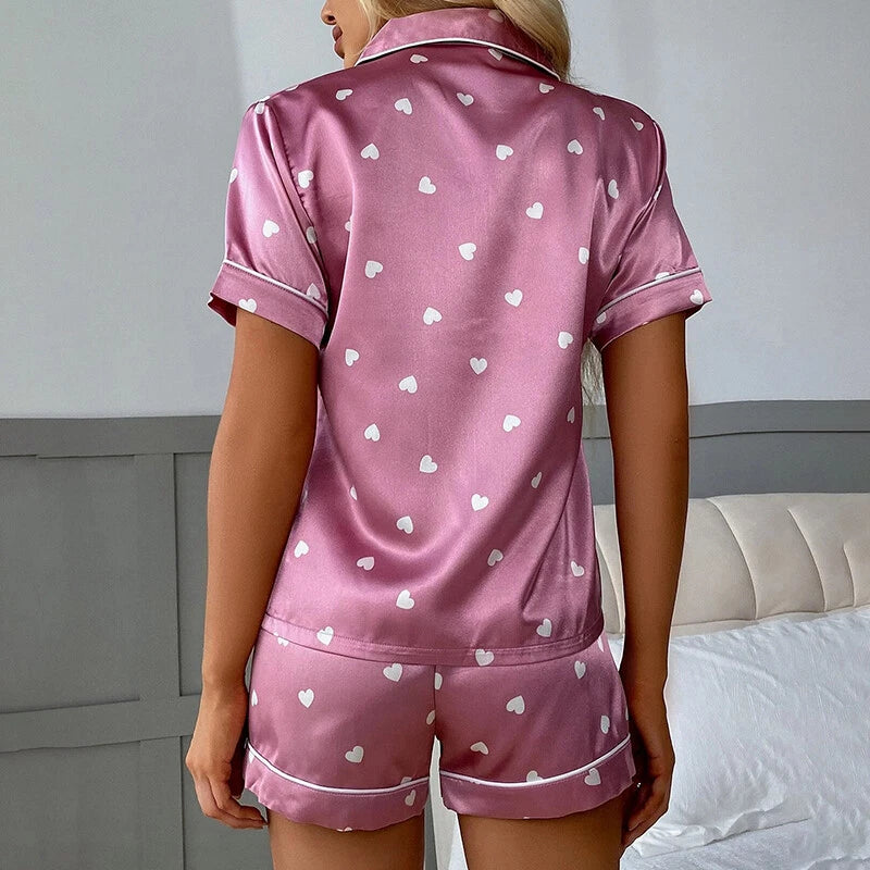 Womens Printed SATIN Short Sleeve Top Pyjamas Set Button Up Ladies Shorts PJ Set