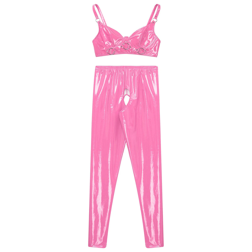 Womens Lingerie Set Crotchless Clubwear Patent Leather Catsuit Wirefree Costume