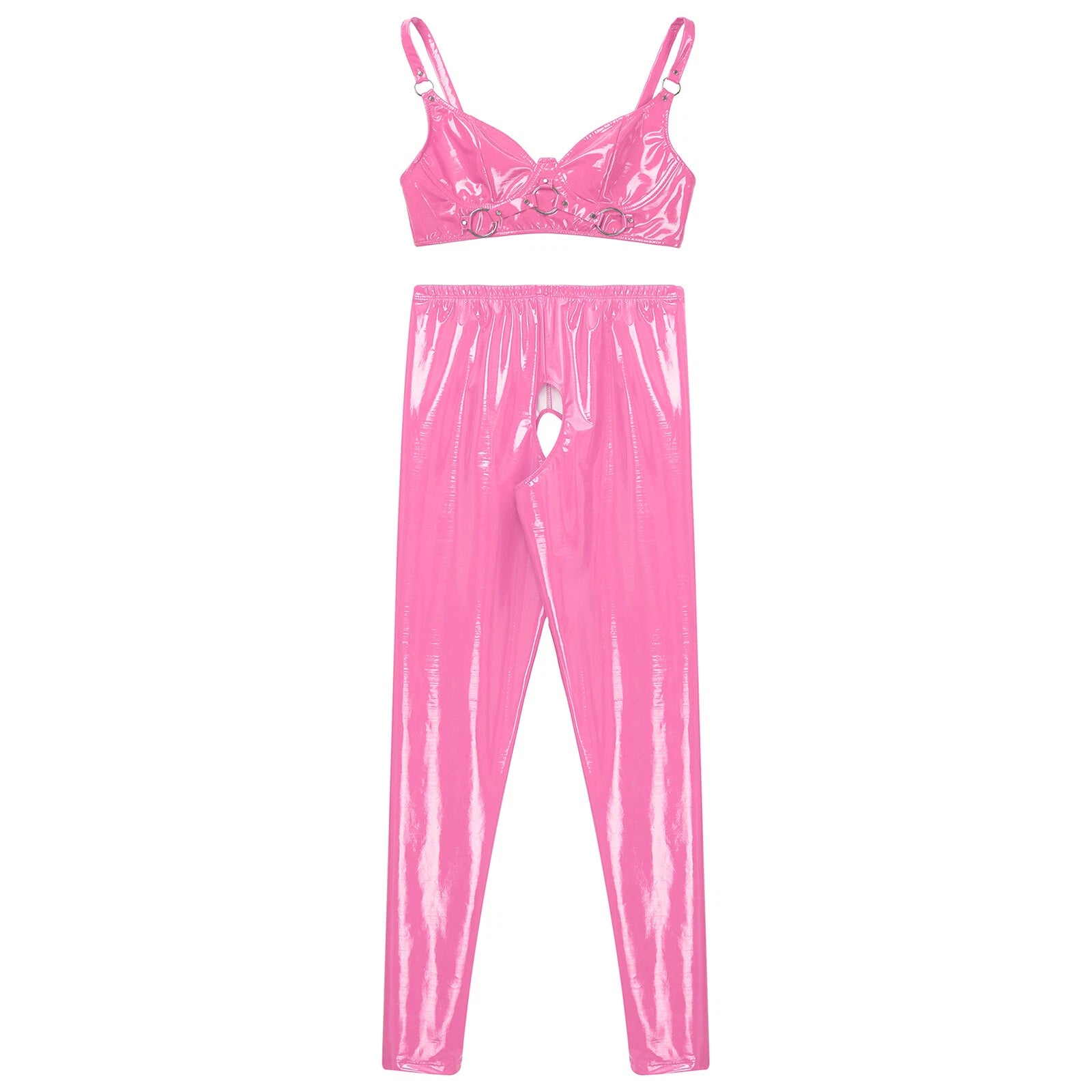 Womens Lingerie Set Crotchless Clubwear Patent Leather Catsuit Wirefree Costume