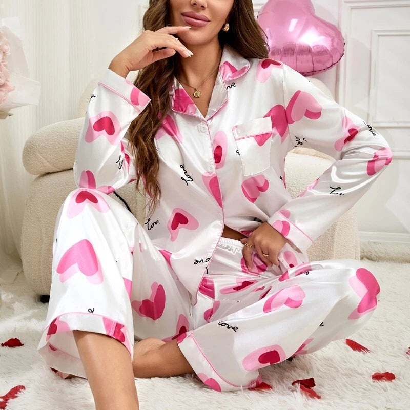 Womens Ladies Satin Nightwear Pyjamas 2Pcs Set Silk PJS Long Sleeve Sleepwear