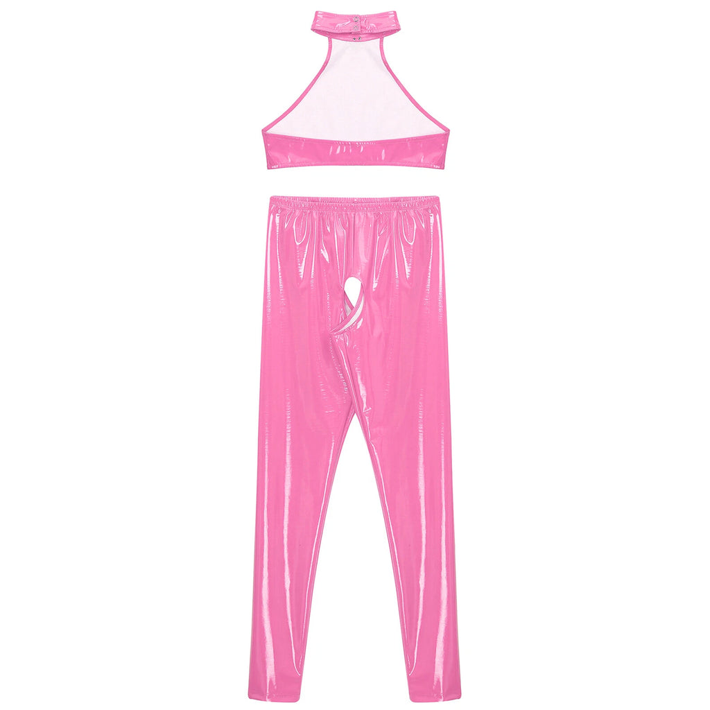 Womens Lingerie Set Crotchless Clubwear Patent Leather Catsuit Wirefree Costume