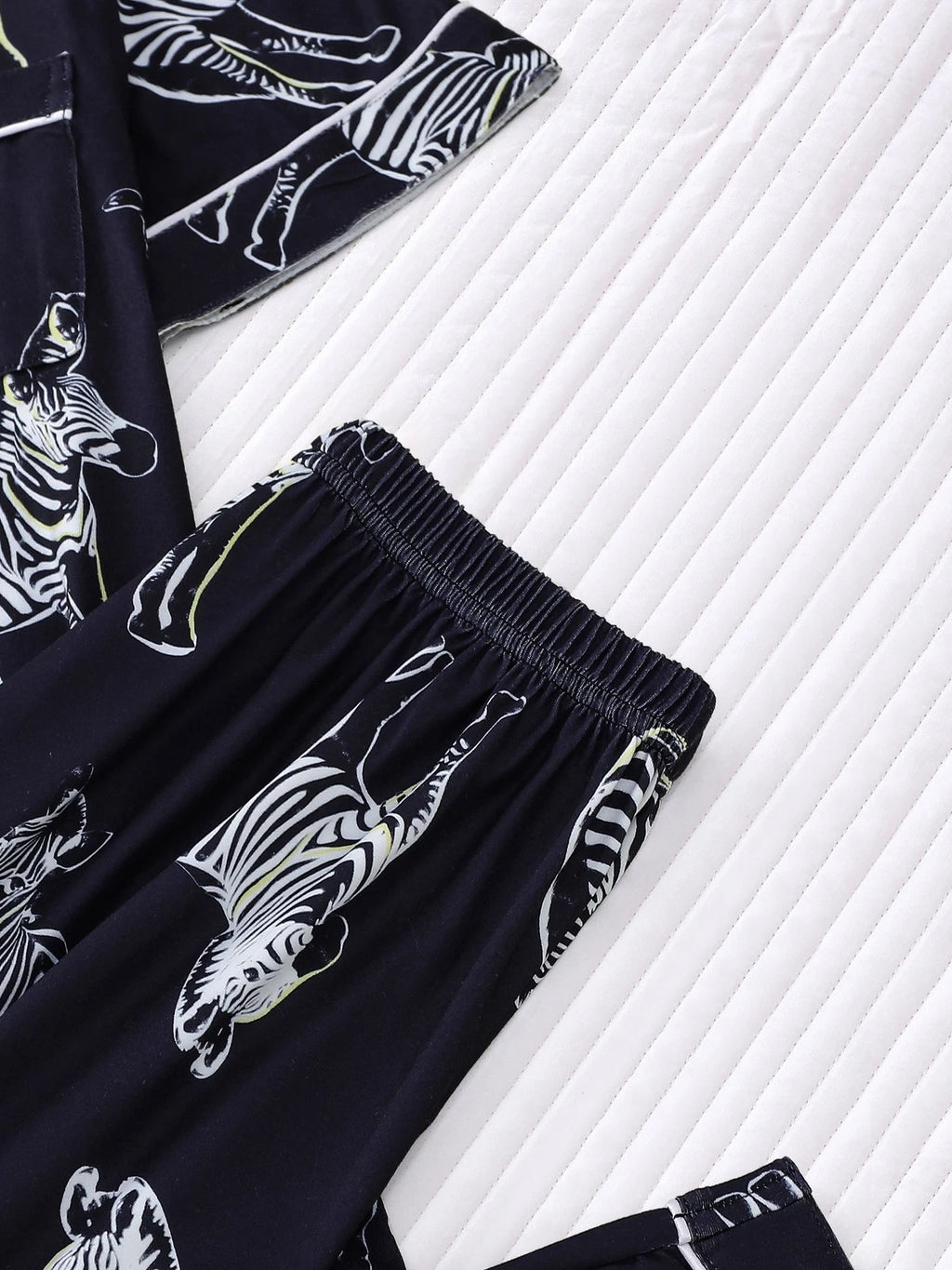 Stylish Zebra Print Womens Pajama Set - Short Sleeve Button Up Top with Lapel