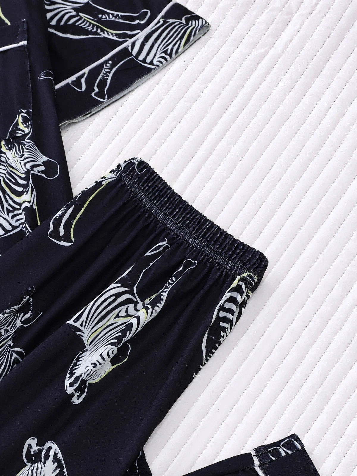 Stylish Zebra Print Womens Pajama Set - Short Sleeve Button Up Top with Lapel
