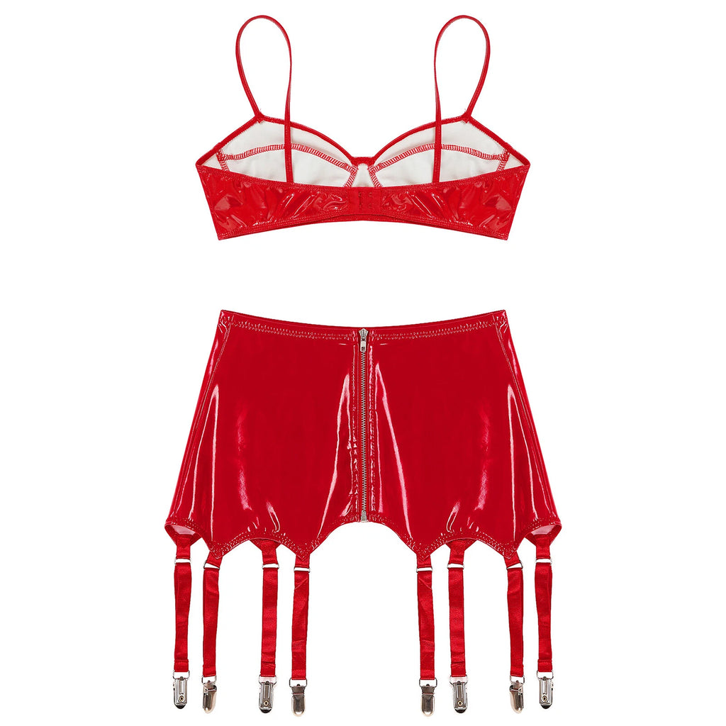 Womens Lingerie Set Metallic Crop Top Wirefree Miniskirt Unlined Nightwear Sexy