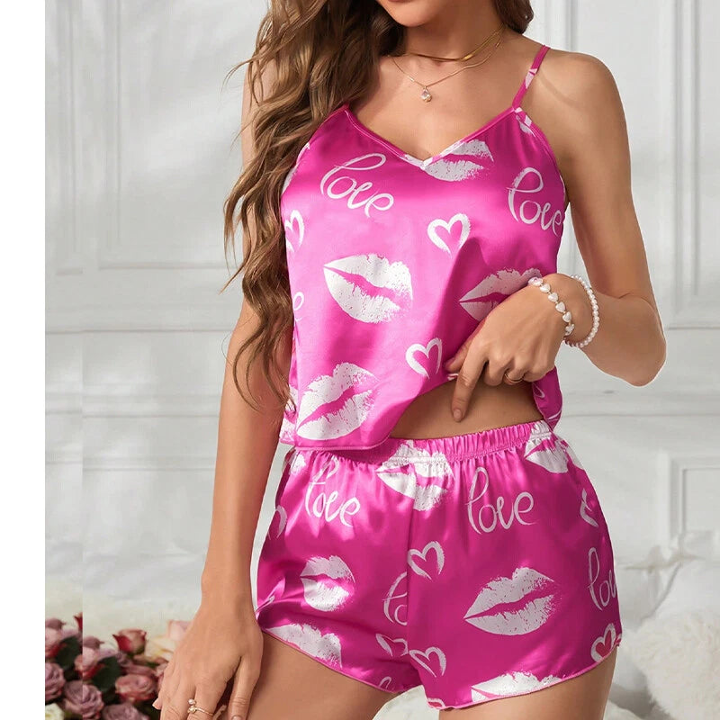 Ladies Women Satin Silk Pyjamas Set Lace Cami Vest Shorts Lingerie Sleepwear Pjs