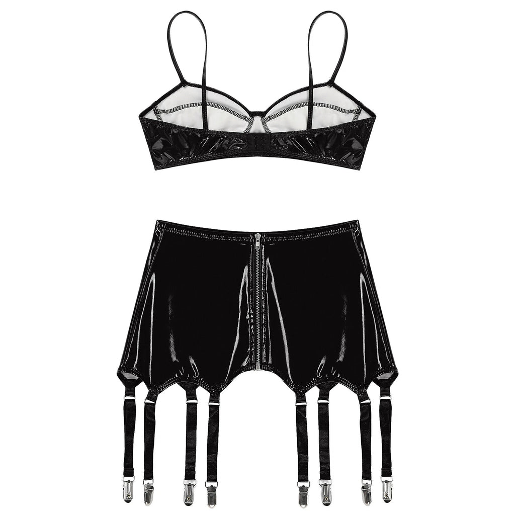 Womens Miniskirt Sexy Lingerie Set No Pad Crop Top Faux Leather Nightwear Vest