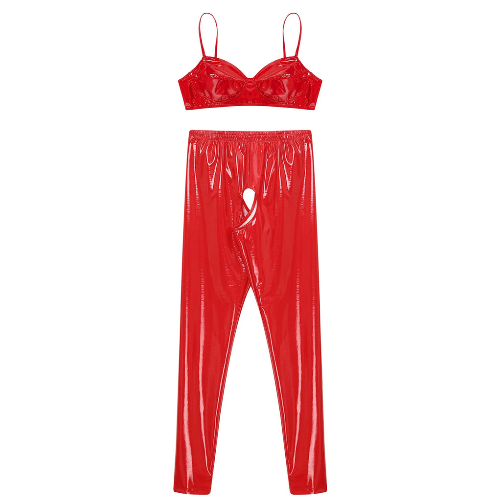 Womens Lingerie Set Crotchless Clubwear Patent Leather Catsuit Wirefree Costume