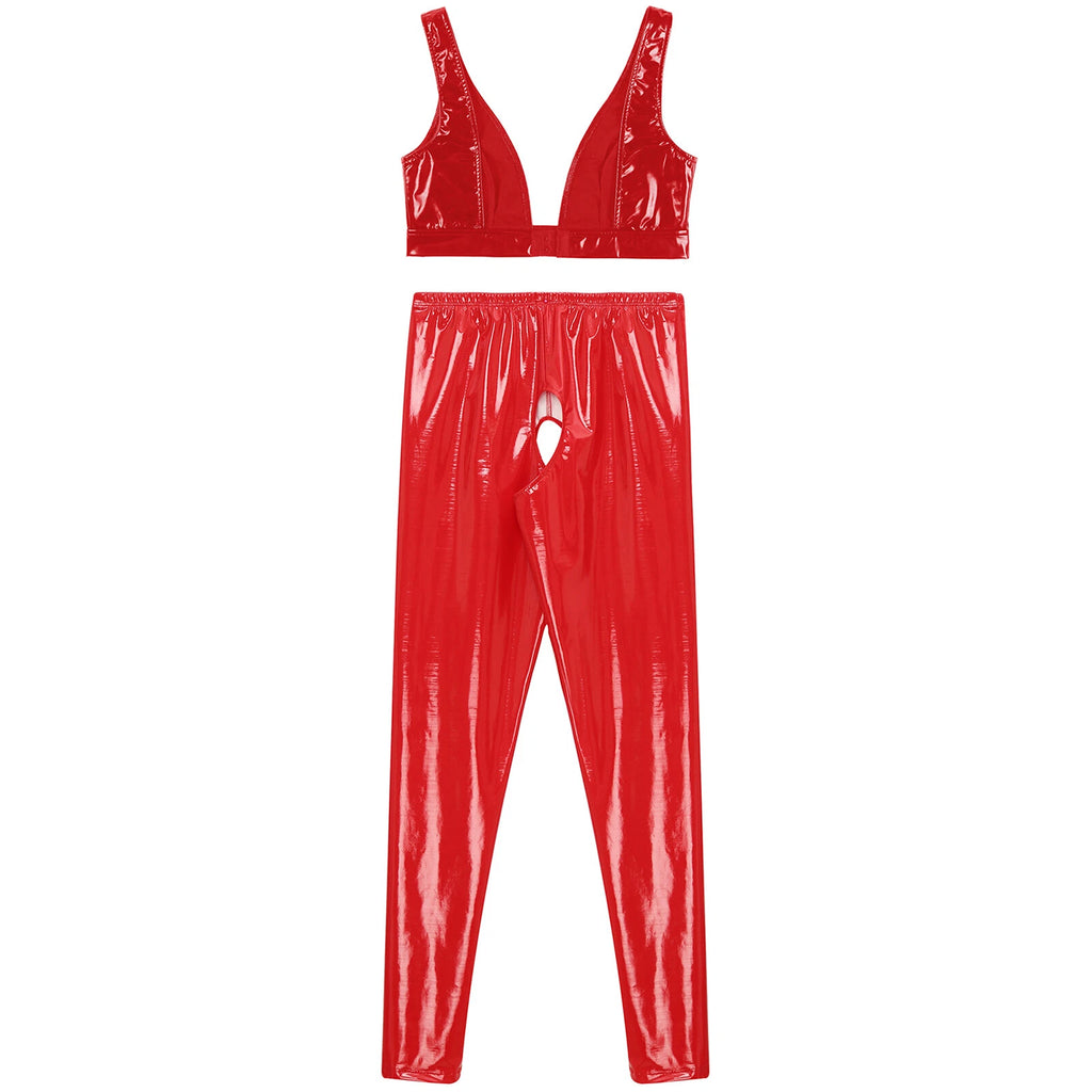 Womens Lingerie Set Crotchless Clubwear Patent Leather Catsuit Wirefree Costume