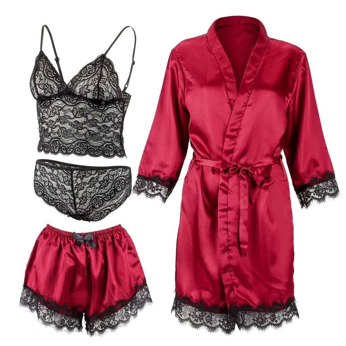 4pcs/set Sexy Women Lingerie Silk Lace Underwear Sleepwear Night Topcoat Pajamas