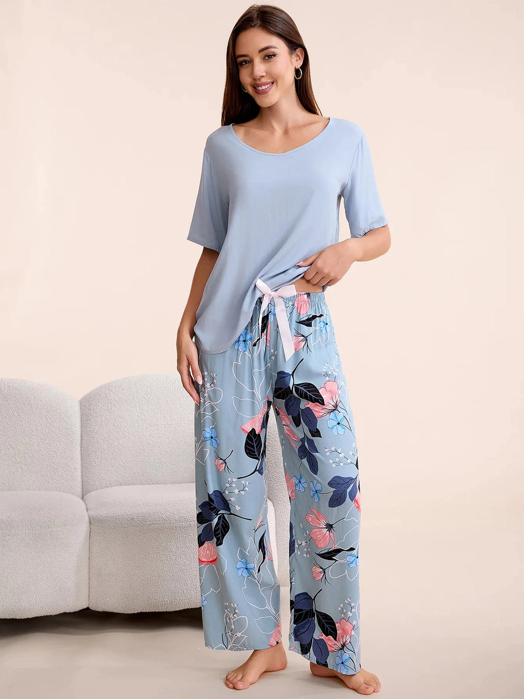 Plus Size S-6XL Viscose Women Pajamas Set Pants Floral Print Casual Sleepwear