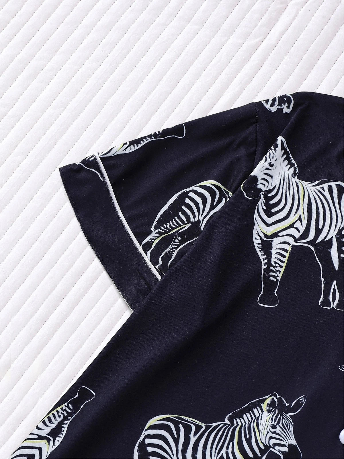 Stylish Zebra Print Womens Pajama Set - Short Sleeve Button Up Top with Lapel