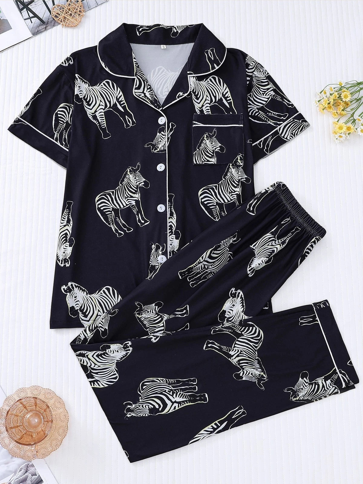 Stylish Zebra Print Womens Pajama Set - Short Sleeve Button Up Top with Lapel