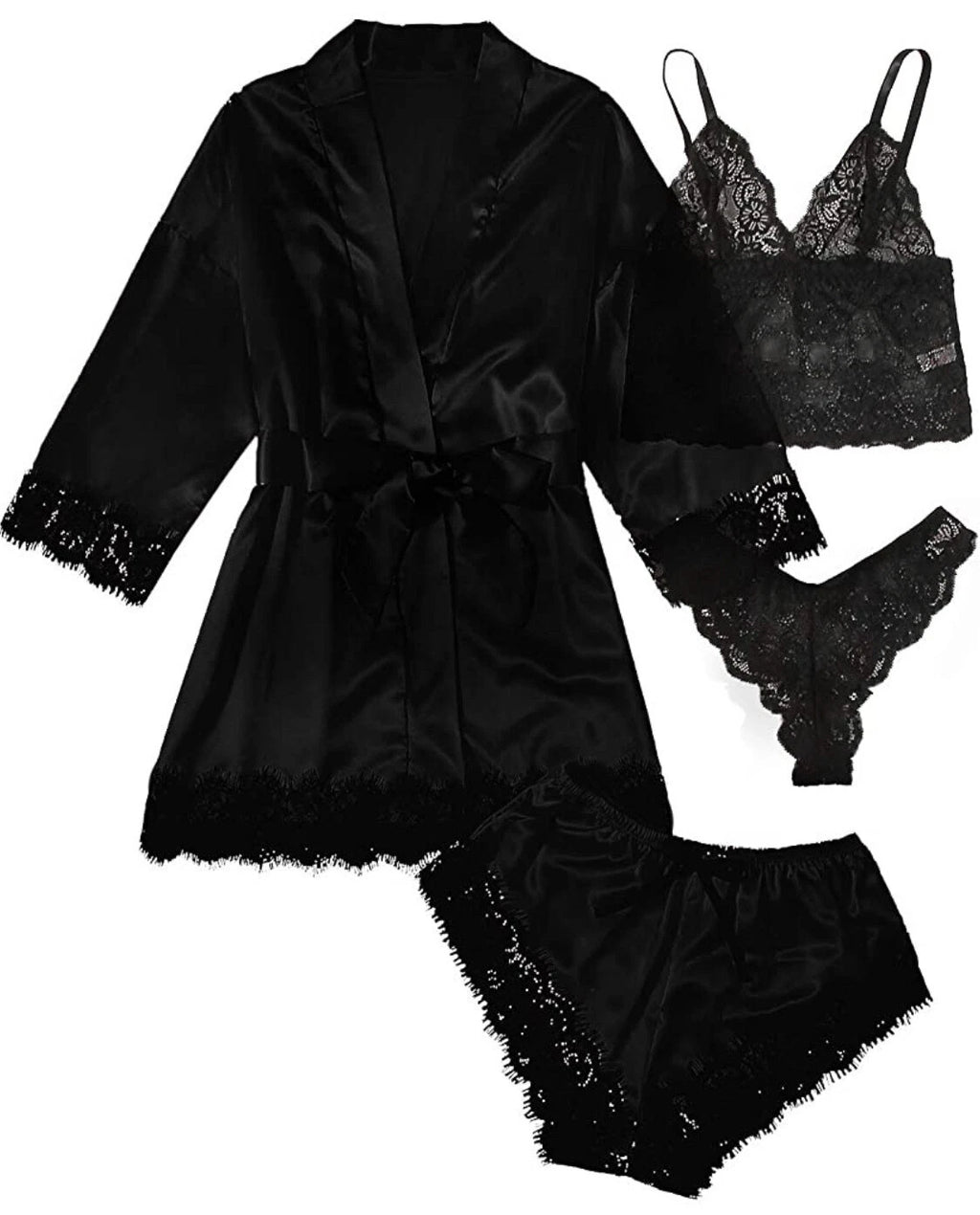 S-3XL Four-Piece Womens Ladies Pajamas Sexy Home Wear Set Lace Sling Underwear