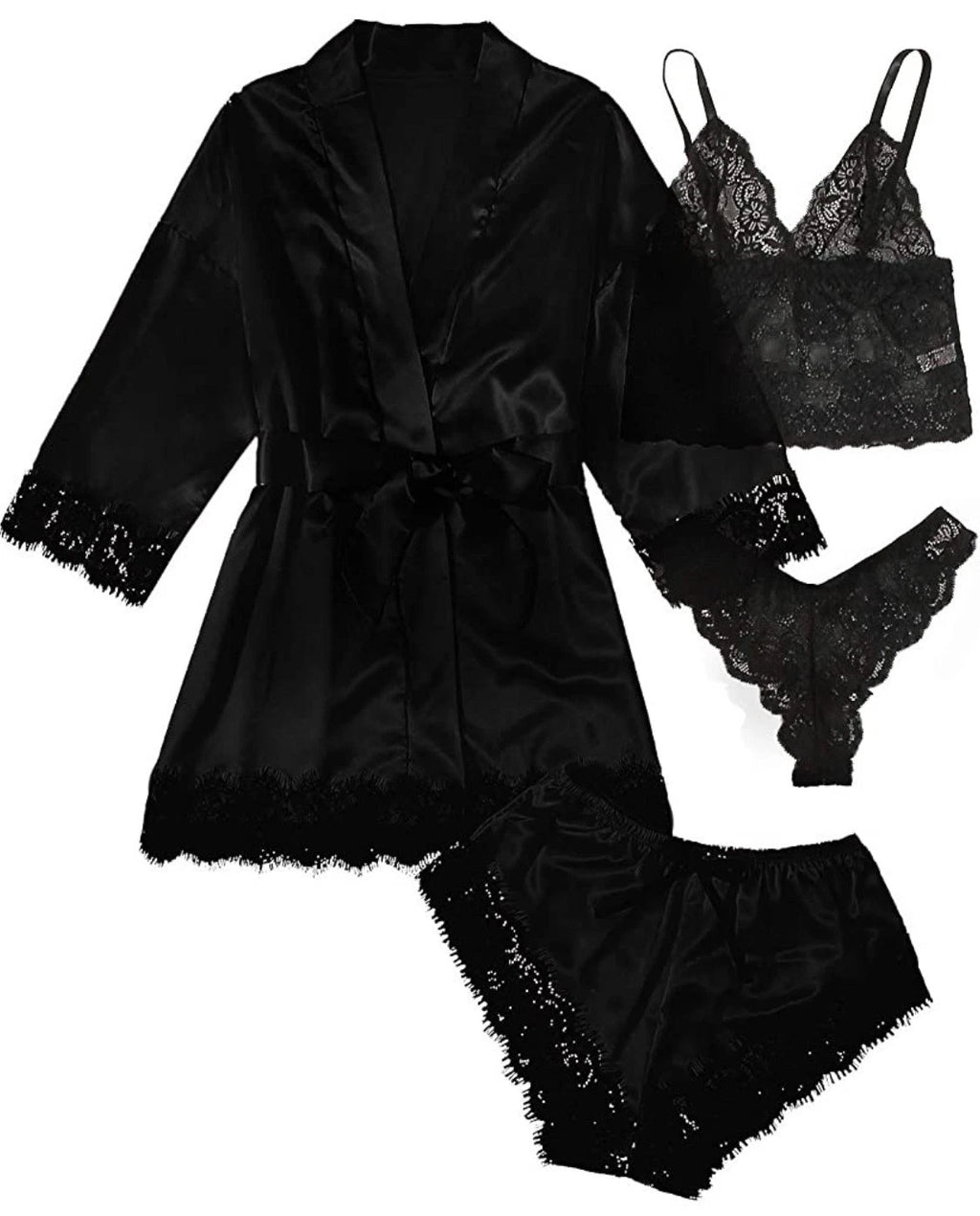 S-3XL Four-Piece Womens Ladies Pajamas Sexy Home Wear Set Lace Sling Underwear