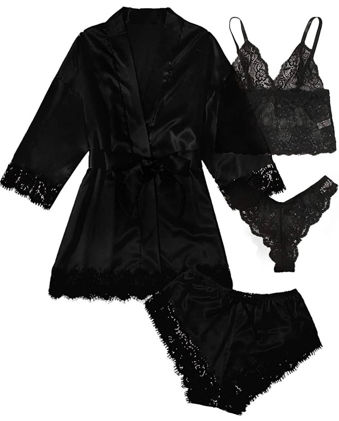 S-3XL Four-Piece Womens Ladies Pajamas Sexy Home Wear Set Lace Sling Underwear