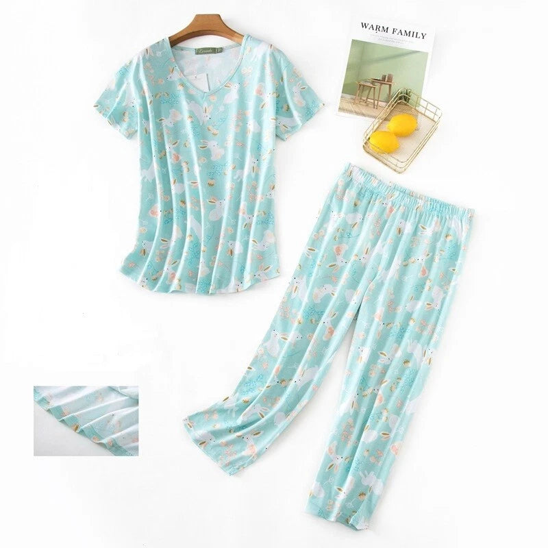 Womens Capri Set Sleepwear Soft Pajamas Sleep Nightshirts Print Comfy Pyjama Set