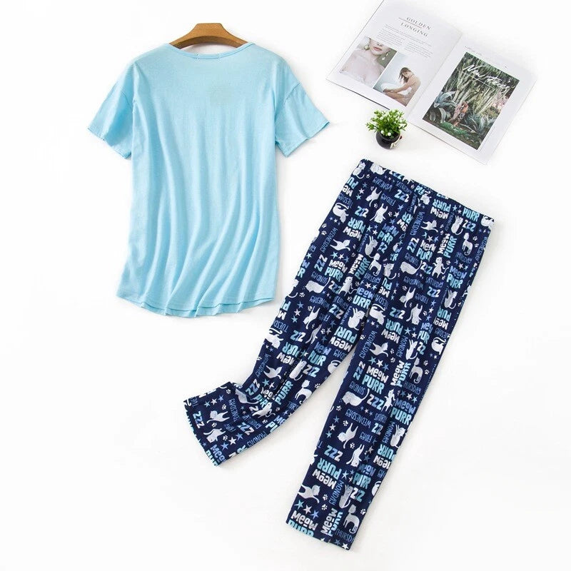 Womens Capri Set Sleepwear Soft Pajamas Sleep Nightshirts Print Comfy Pyjama Set