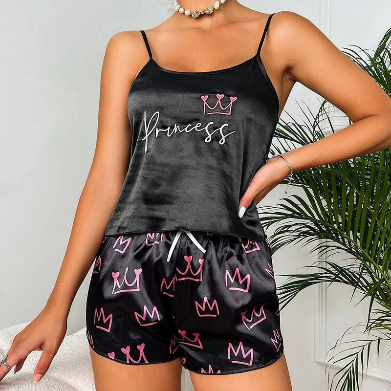 Ladies Women Satin Silk Pyjamas Set Lace Cami Vest Shorts Lingerie Sleepwear Pjs
