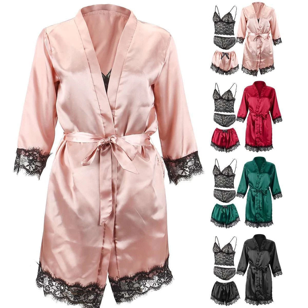 4pcs/set Sexy Women Lingerie Silk Lace Underwear Sleepwear Night Topcoat Pajamas