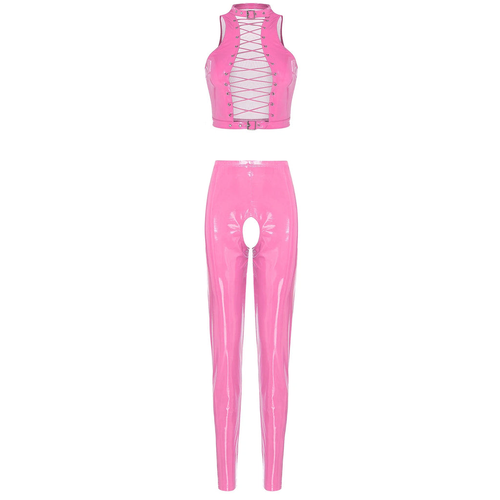 Womens Lingerie Set Crotchless Clubwear Patent Leather Catsuit Wirefree Costume