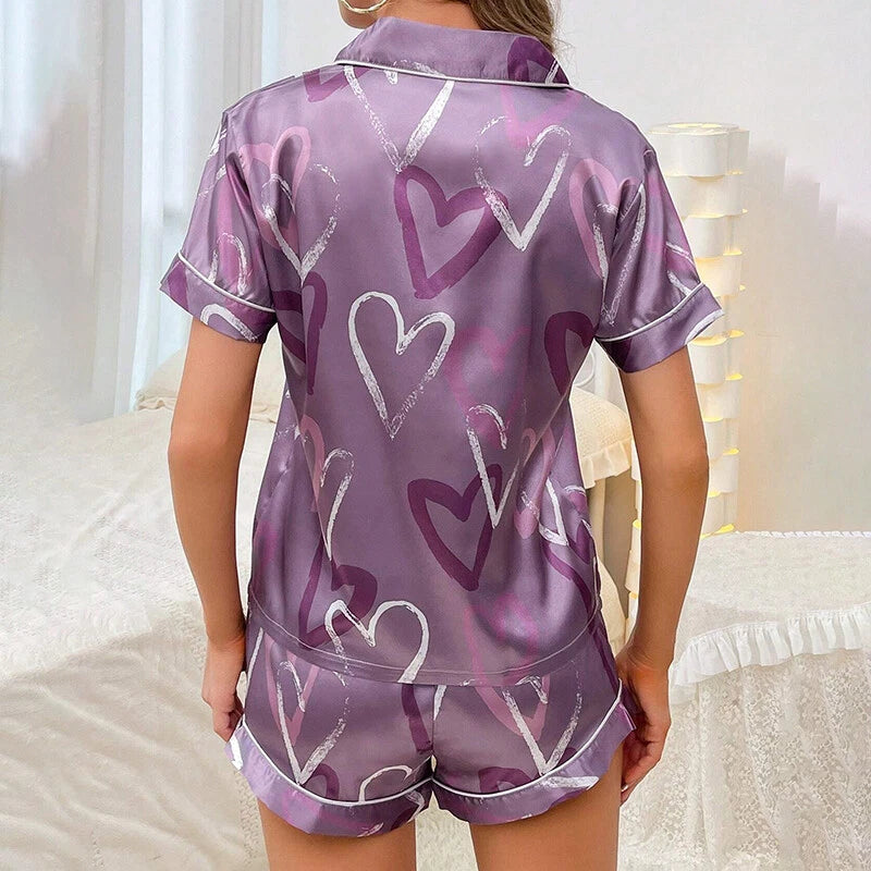 Womens Printed SATIN Short Sleeve Top Pyjamas Set Button Up Ladies Shorts PJ Set