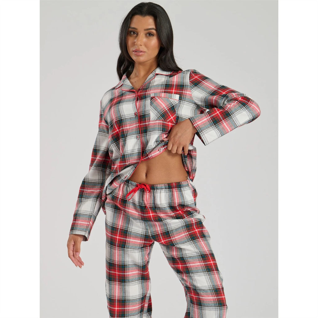Ladies Brushed Cotton Flannel Check Pyjamas Pyjama Set Womens PJs Red Size 8-22