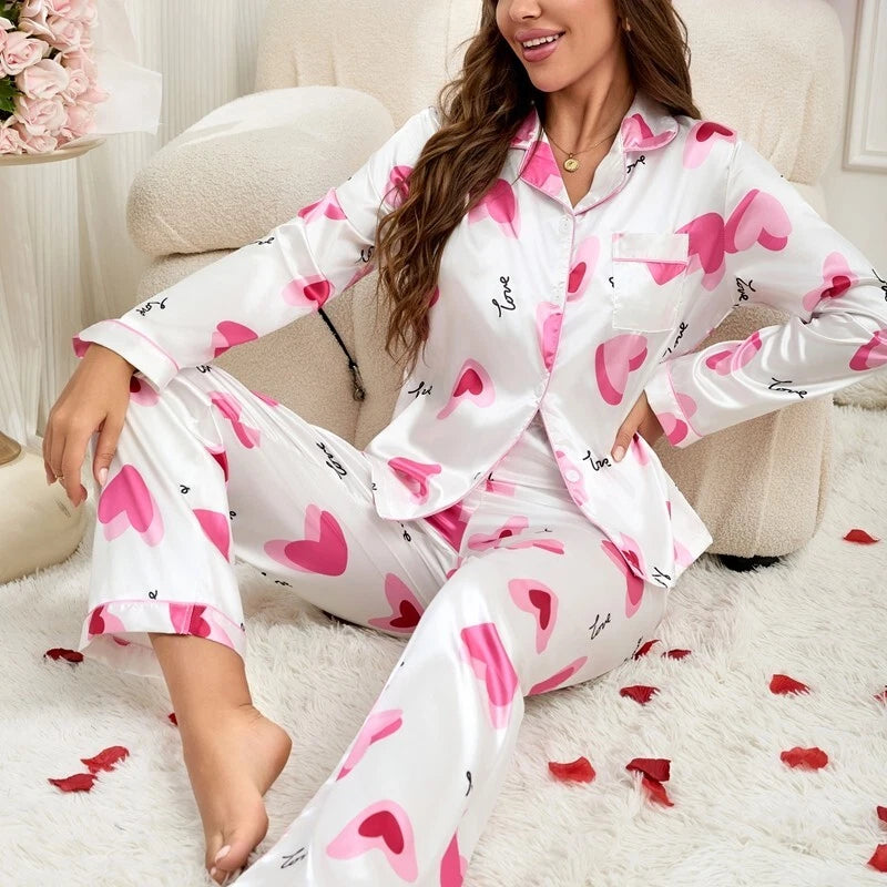 Womens Ladies Satin Nightwear Pyjamas 2Pcs Set Silk PJS Long Sleeve Sleepwear
