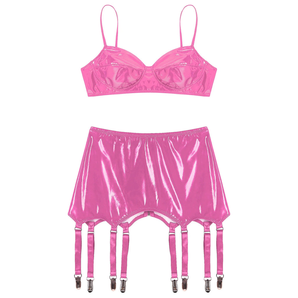 Womens Miniskirt Sexy Lingerie Set No Pad Crop Top Faux Leather Nightwear Vest