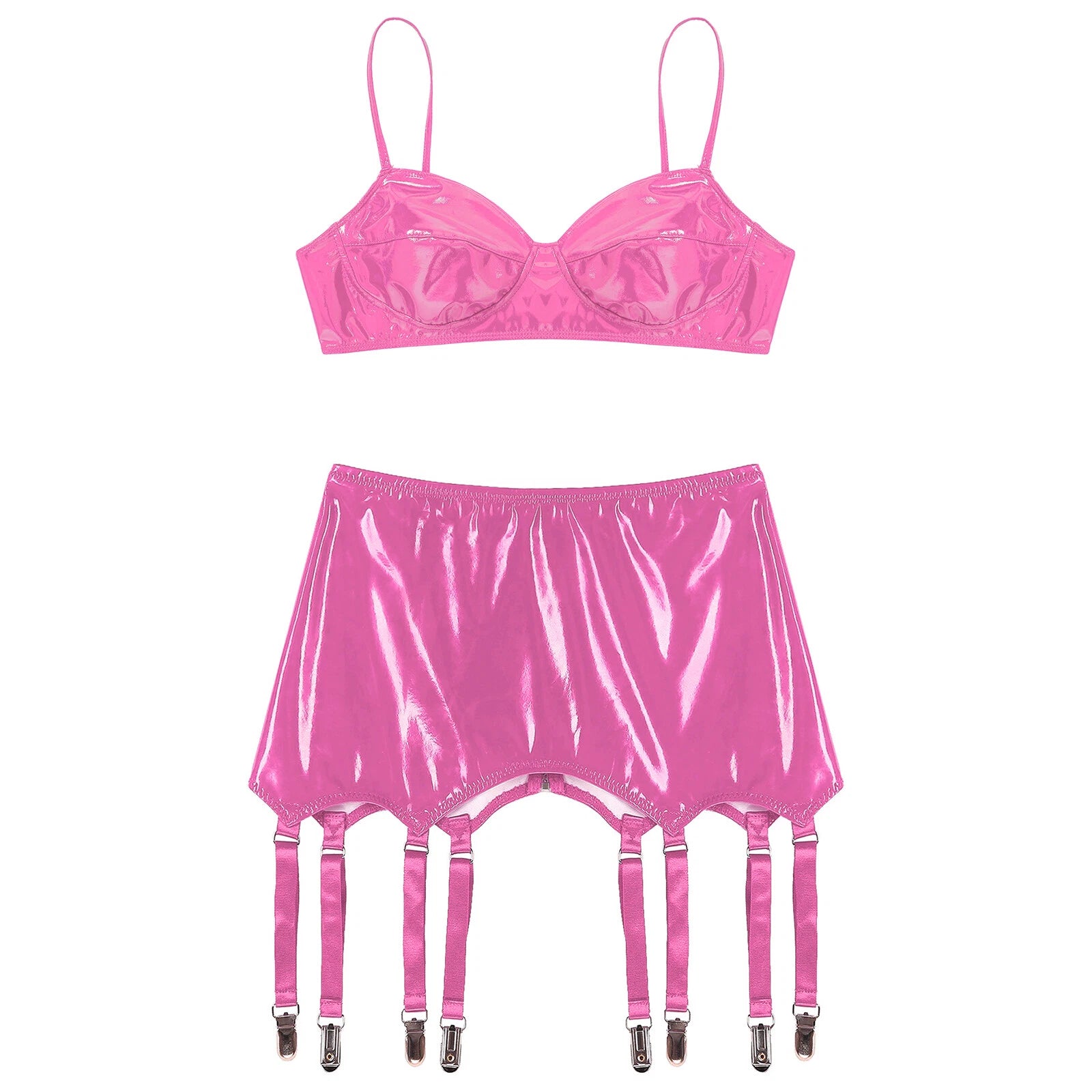 Womens Miniskirt Sexy Lingerie Set No Pad Crop Top Faux Leather Nightwear Vest