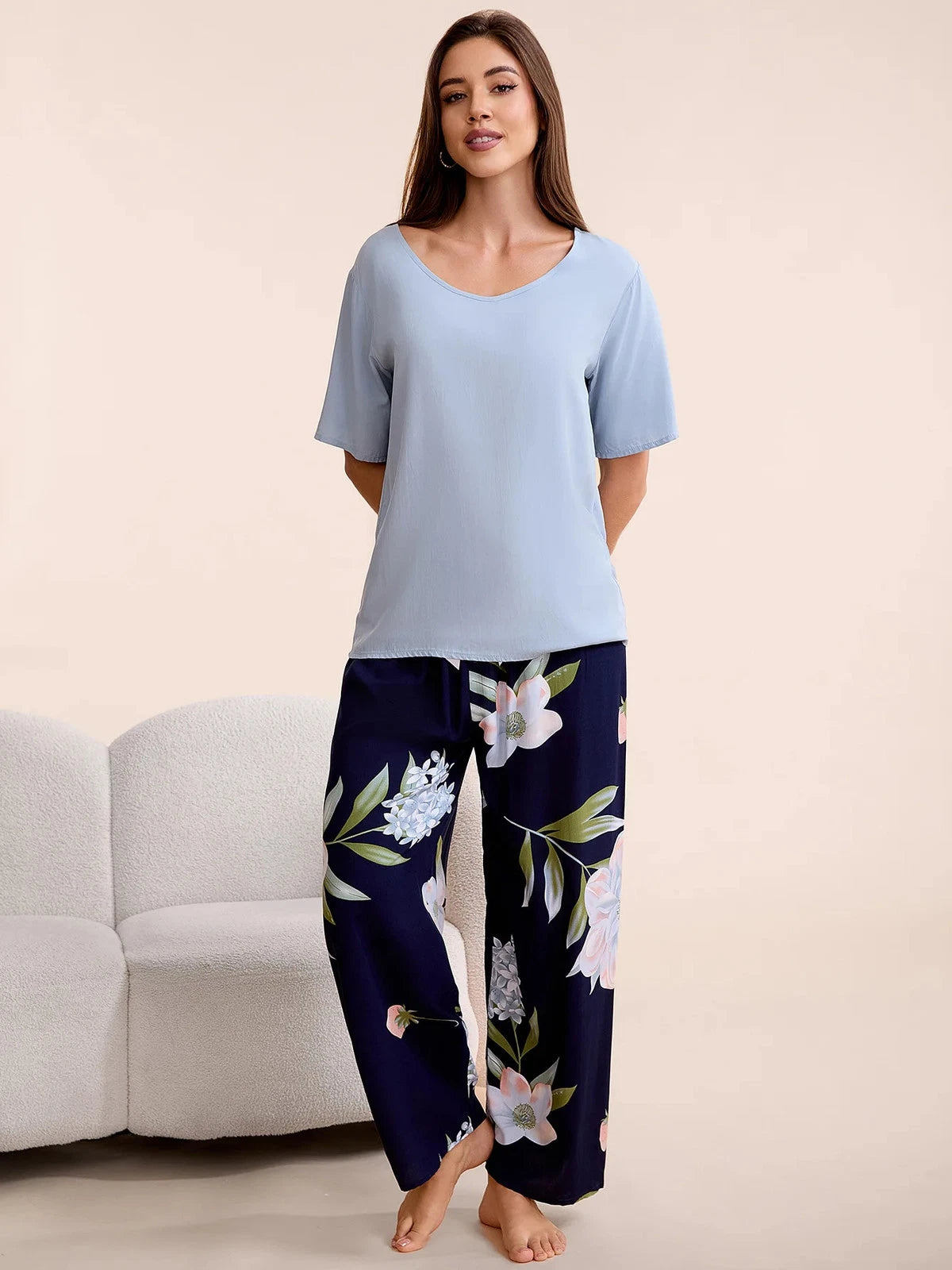 Plus Size S-6XL Viscose Women Pajamas Set Pants Floral Print Casual Sleepwear
