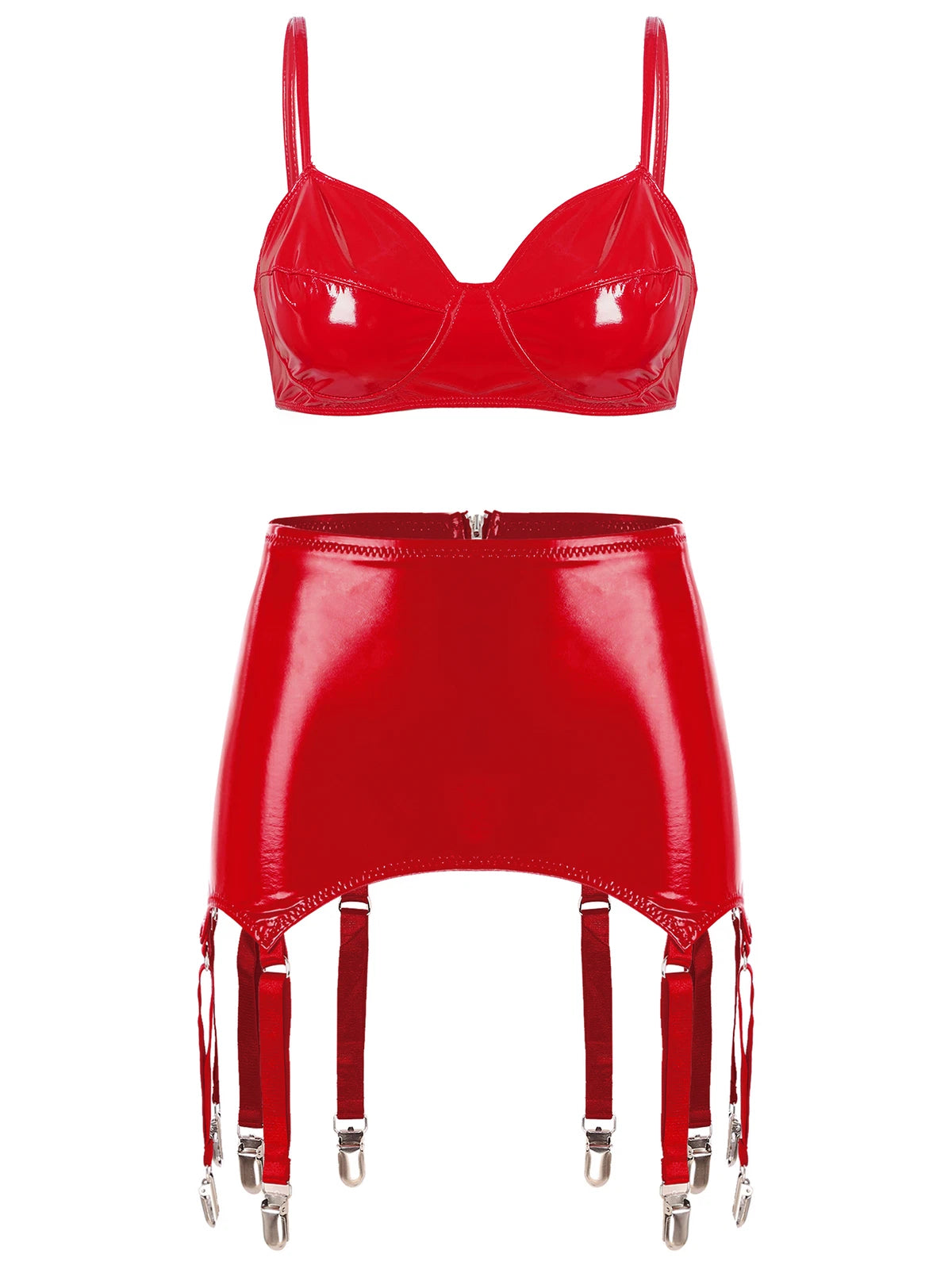 Womens Miniskirt Sexy Lingerie Set No Pad Crop Top Faux Leather Nightwear Vest