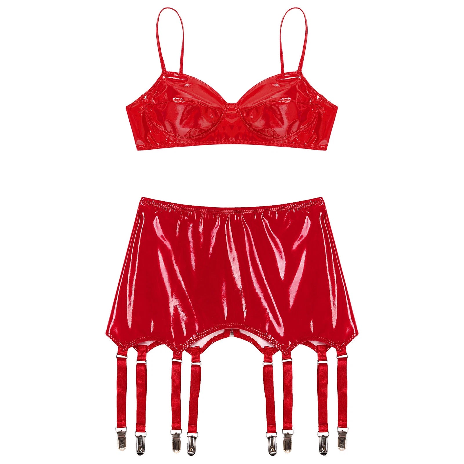 Womens Miniskirt Sexy Lingerie Set No Pad Crop Top Faux Leather Nightwear Vest