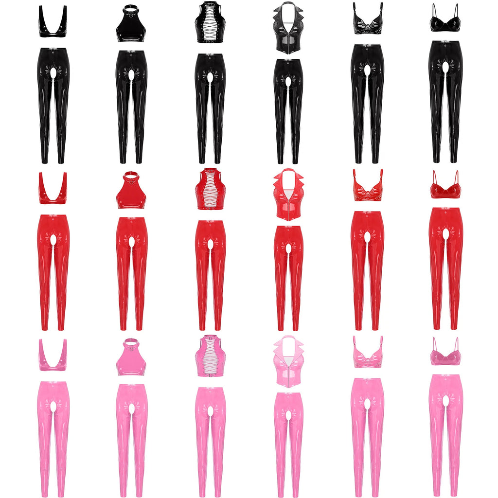 Womens Lingerie Set Crotchless Clubwear Patent Leather Catsuit Wirefree Costume