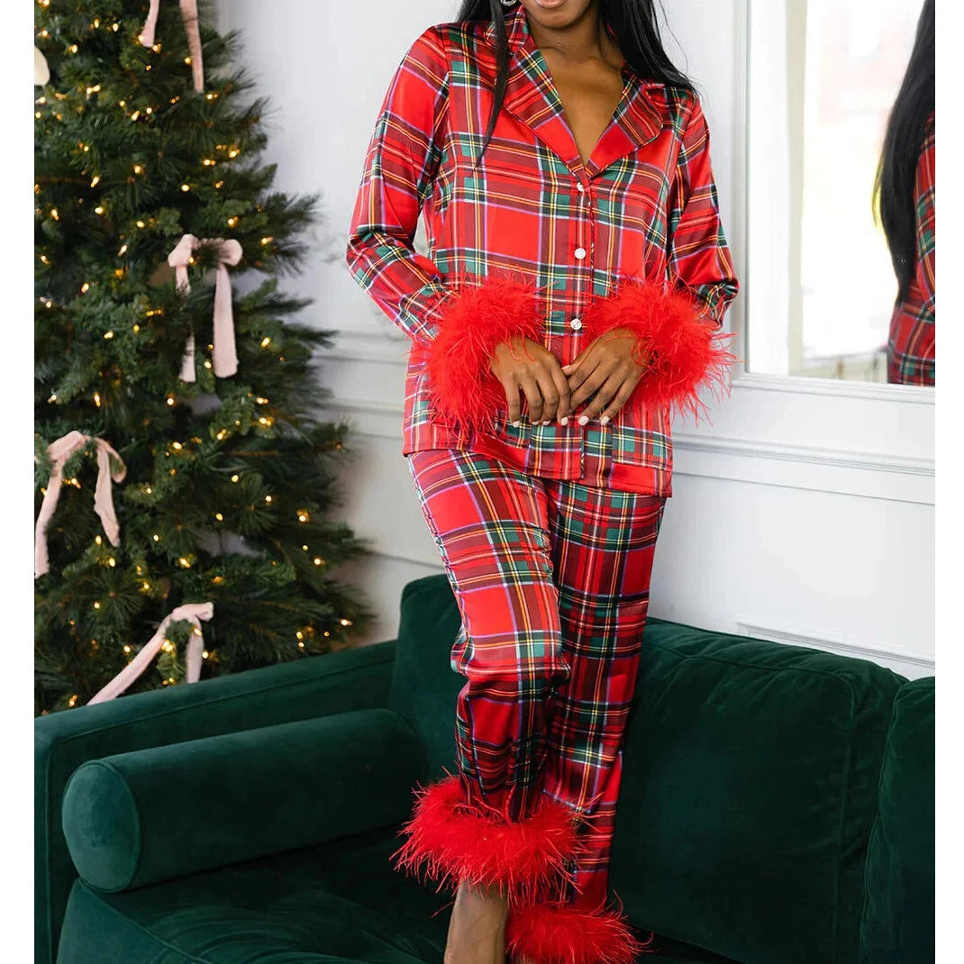 Women New Year Pajamas Set Christmas Shirt Pants Sleepwear Santa Claus Pyjamas