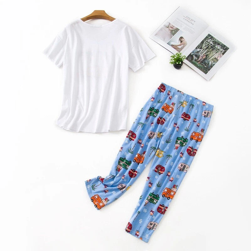 Womens Capri Set Sleepwear Soft Pajamas Sleep Nightshirts Print Comfy Pyjama Set
