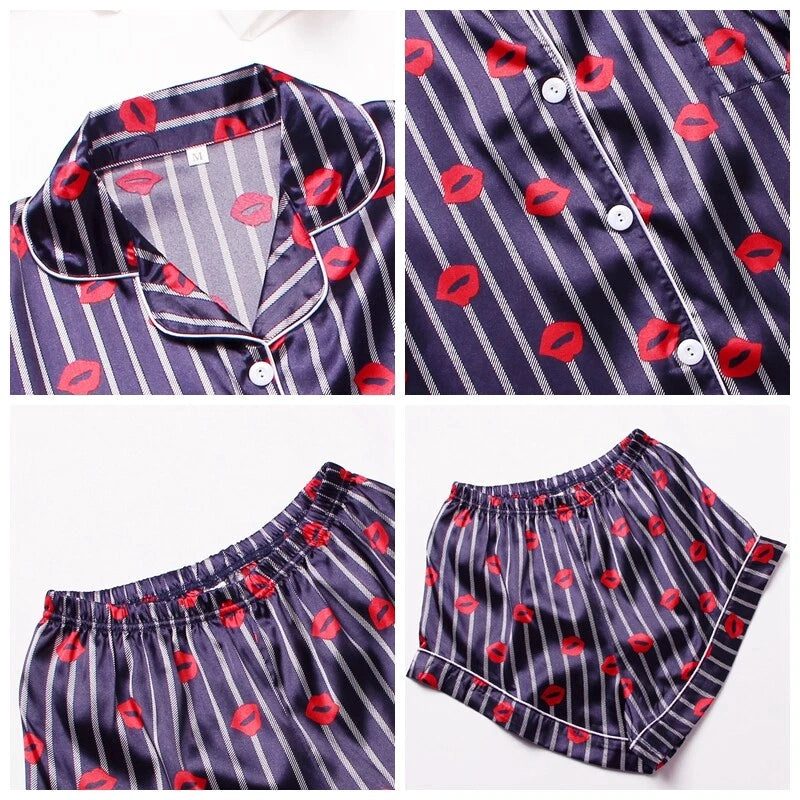Womens Printed SATIN Short Sleeve Top Pyjamas Set Button Up Ladies Shorts PJ Set
