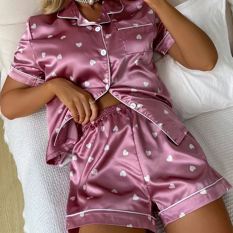 Womens Printed SATIN Short Sleeve Top Pyjamas Set Button Up Ladies Shorts PJ Set