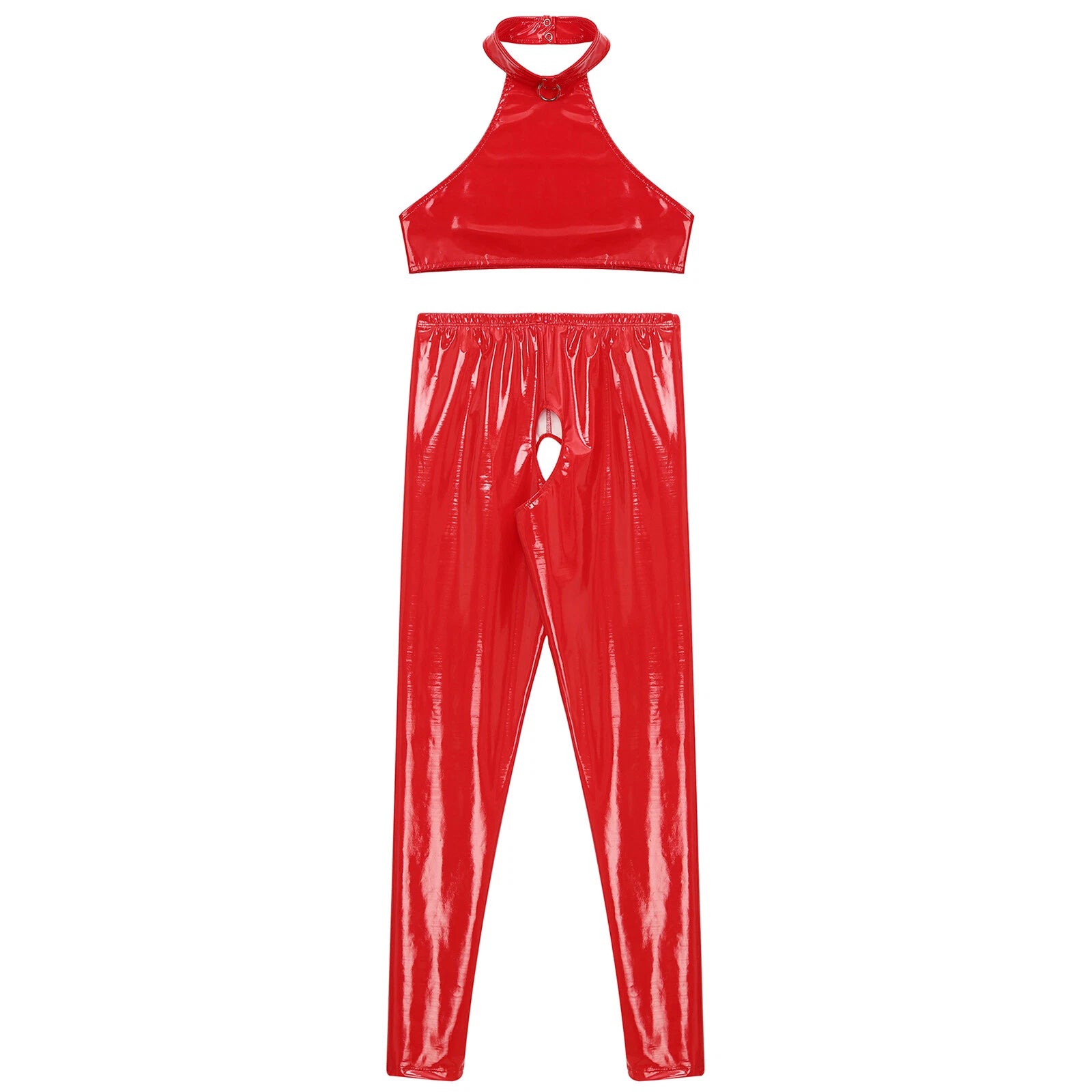 Womens Lingerie Set Crotchless Clubwear Patent Leather Catsuit Wirefree Costume