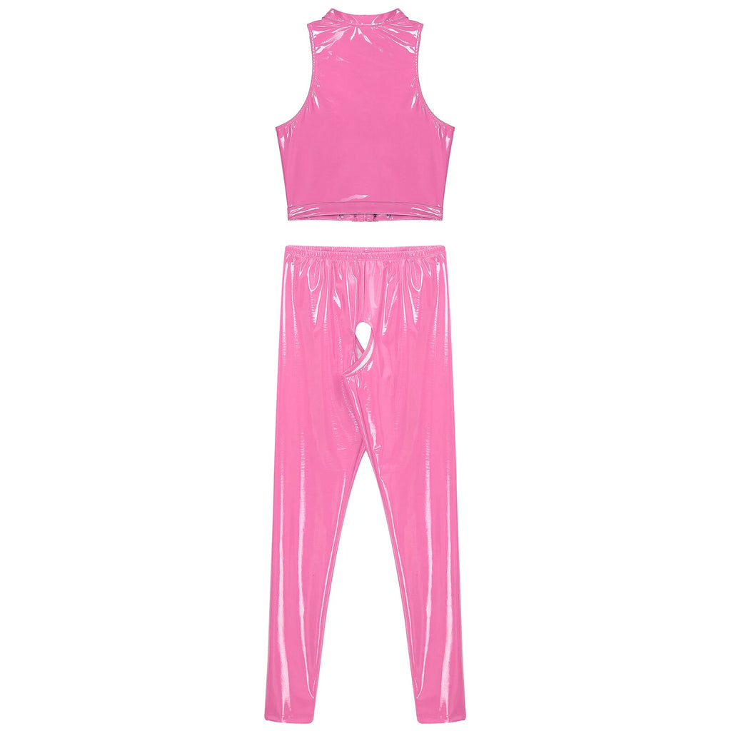 Womens Lingerie Set Crotchless Clubwear Patent Leather Catsuit Wirefree Costume