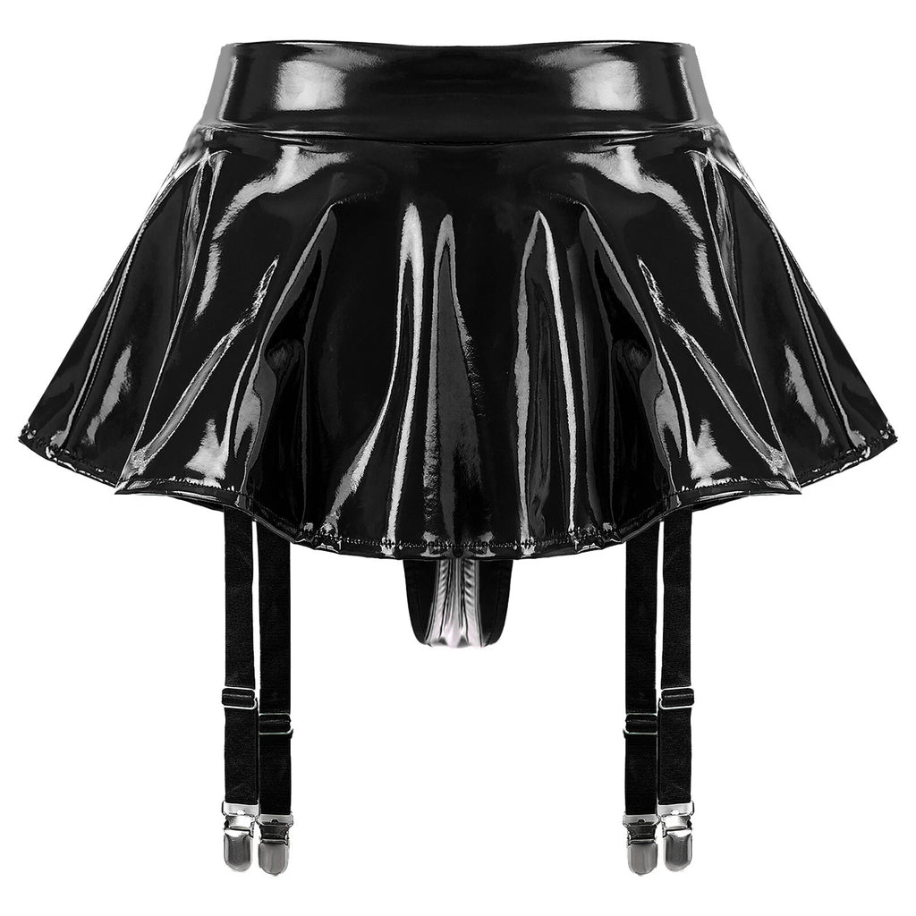 Womens Lingerie Set Patent Leather Crop Top Two-Piece Miniskirt Tank Outfits