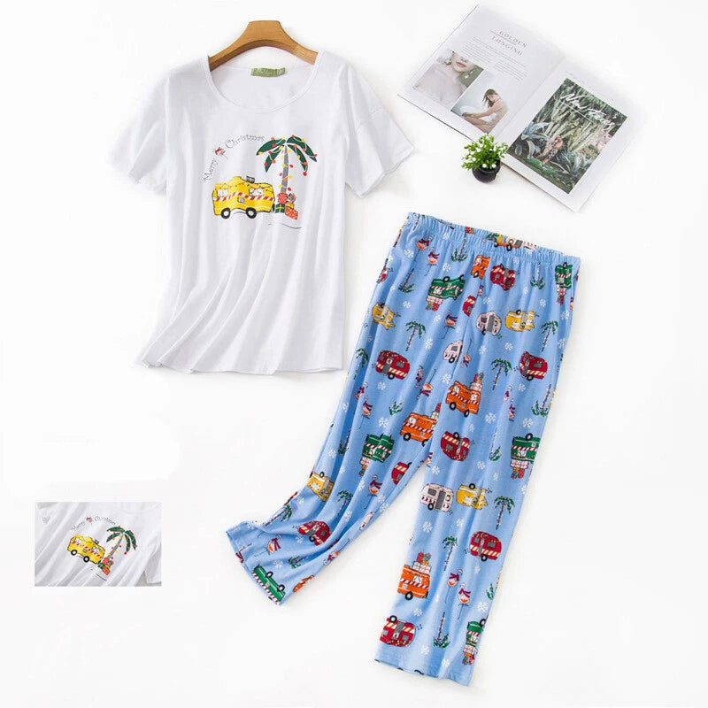 Womens Capri Set Sleepwear Soft Pajamas Sleep Nightshirts Print Comfy Pyjama Set